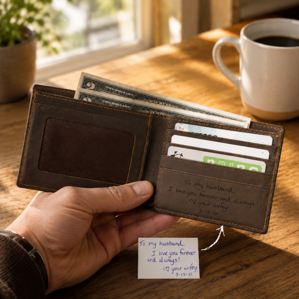 Custom Handwritten Note Leather Wallet Personalized Gift for Him Father's Day Gift