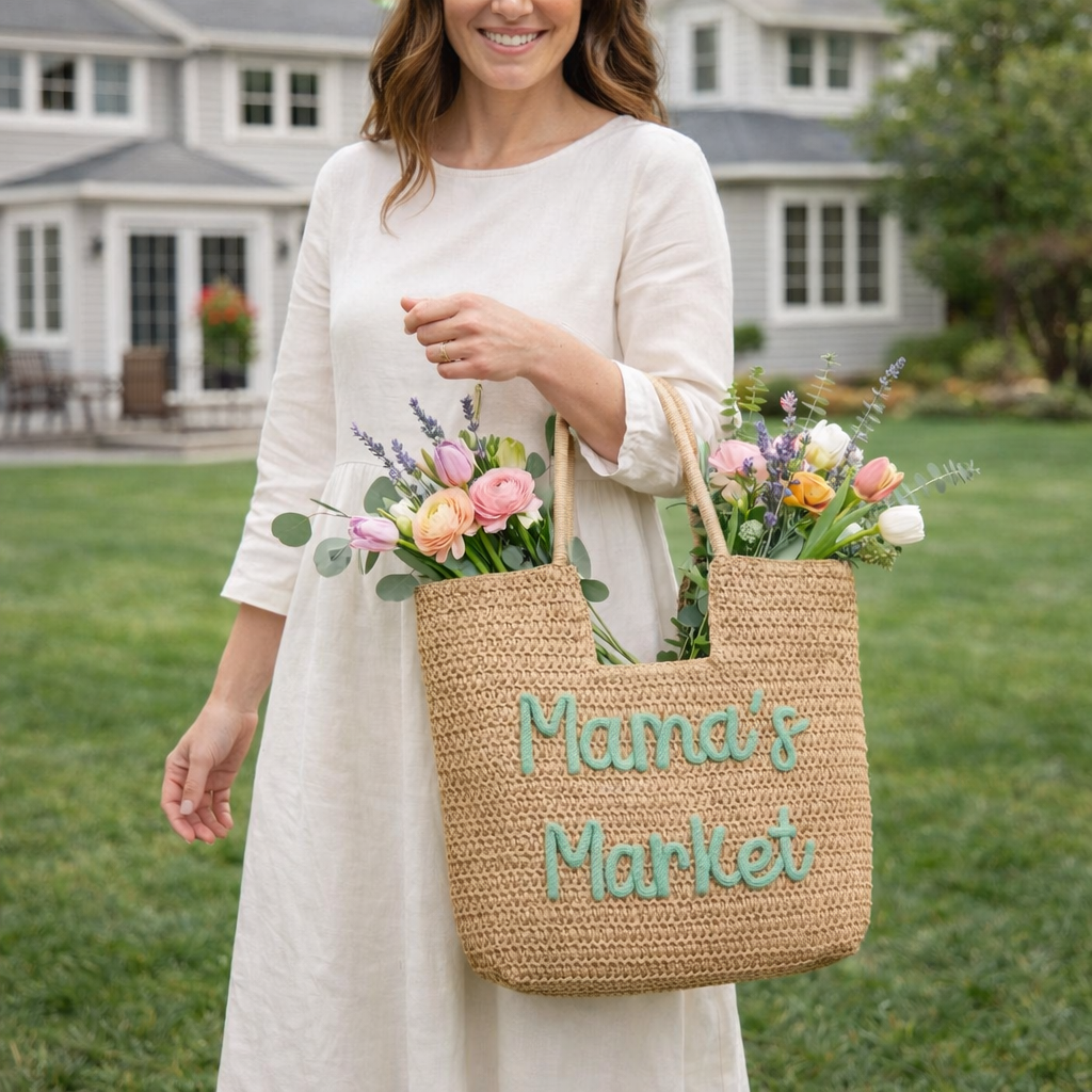 Personalized Straw Beach Tote Bag, Custom Chenille Name Mama Purse, Farmers Market & Cottagecore Gift for Mom