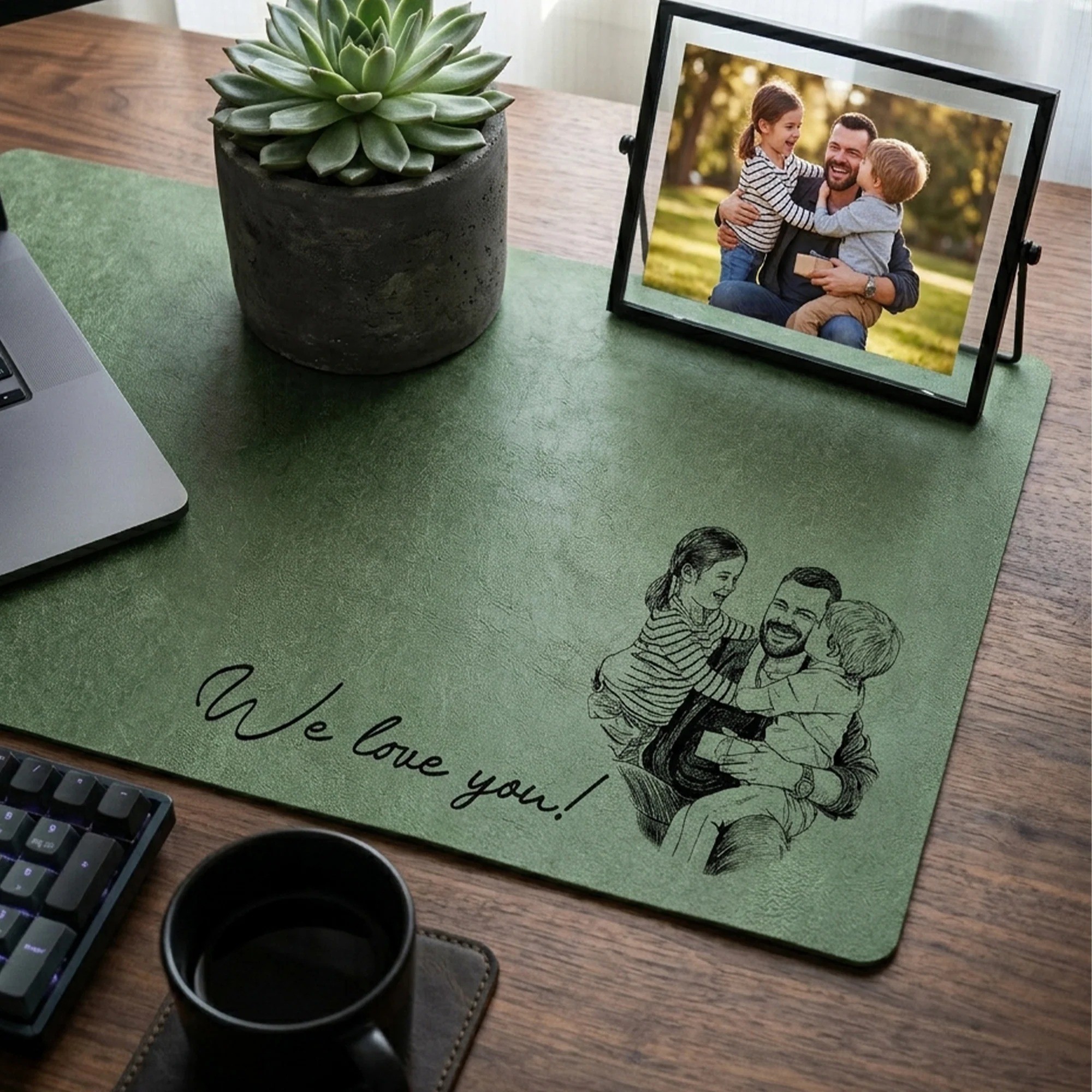 Personalized Photo Sketch & Line Art Leather Desk Mat Father's Day Gift for Dad