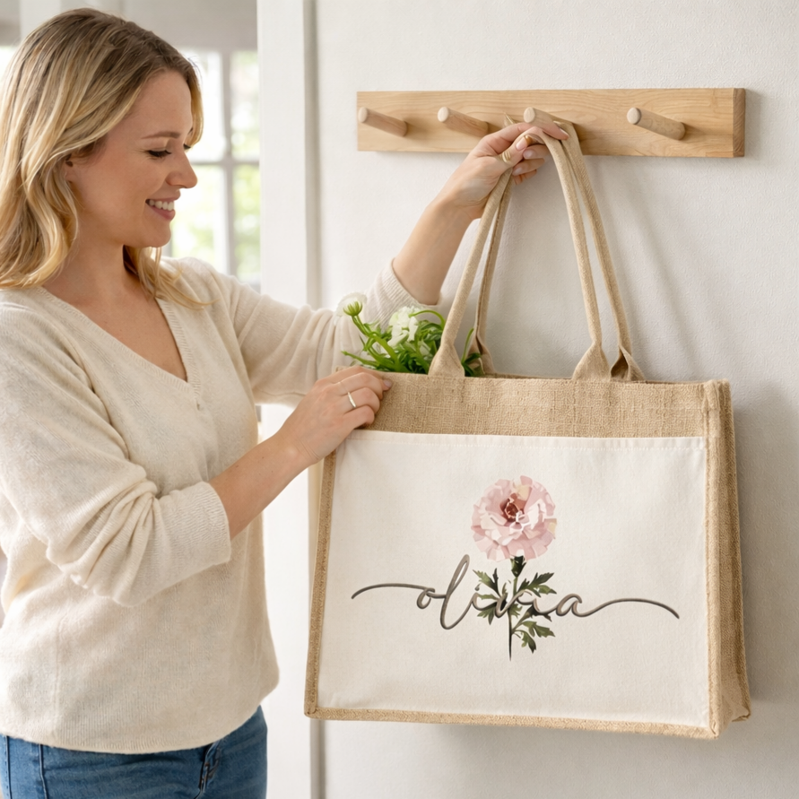 Personalized Birth Flower Bag, Custom Name Tote, Gift for Mom