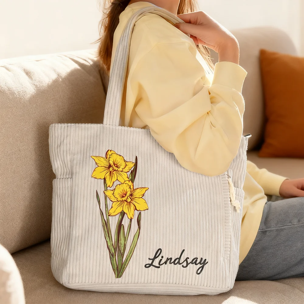 Personalized Birth Flower Bag, Custom Name Tote, Gift for Mom