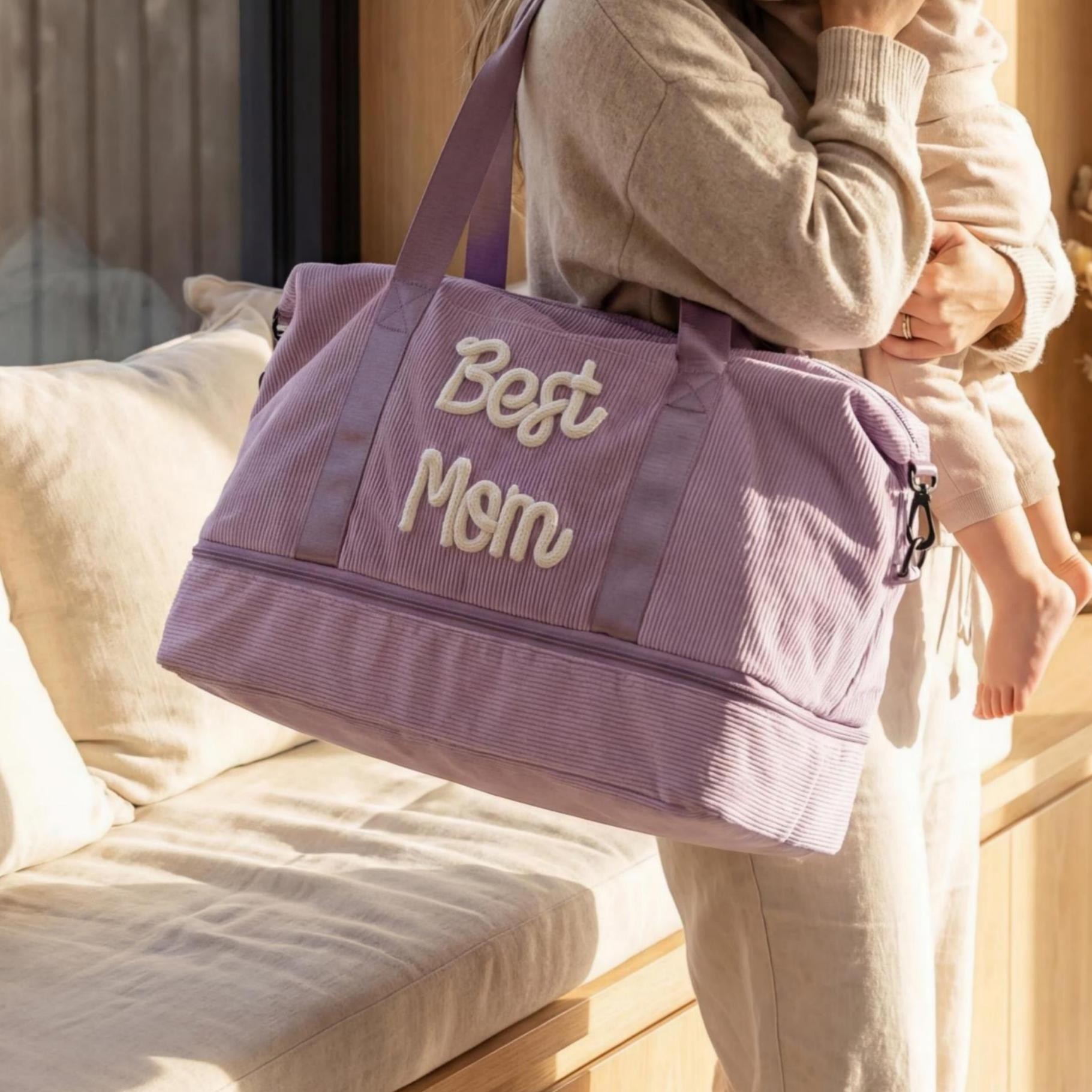 Personalized Corduroy Weekender Duffle Bag for Mom, Custom Hospital & Diaper Bag for New Mama, Mother’s Day Gift