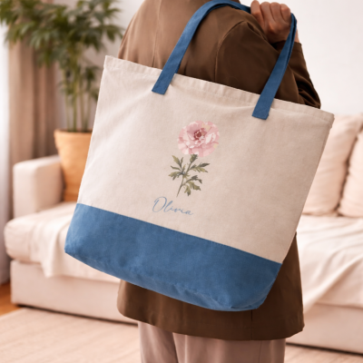 Personalized Birth Flower Bag, Custom Name Tote, Gift for Mom