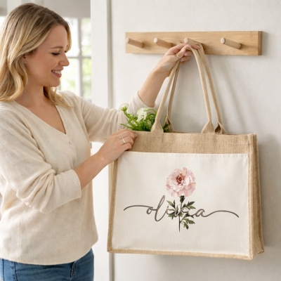 Personalized Birth Flower Bag, Custom Name Tote, Gift for Mom