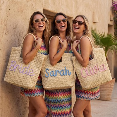 Personalized Summer Beach Bag, Custom 3D Chenille Name Tote, Personalized Girls Trip Gift